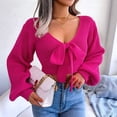 thumbnail image 2 of Women Long Sleeve Crop Front Bowknot Ribbed Knit Pullover Sweaters Fall Winter V Neck Crop Tops Pullover Rose Red M, 2 of 8