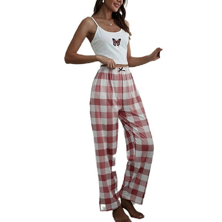 

Niuer Ladies Casual Cami And Pant Home Clothes Women Scoop Neck Pajamas Set Sleeveless Homewear Plaid Loose Pjs