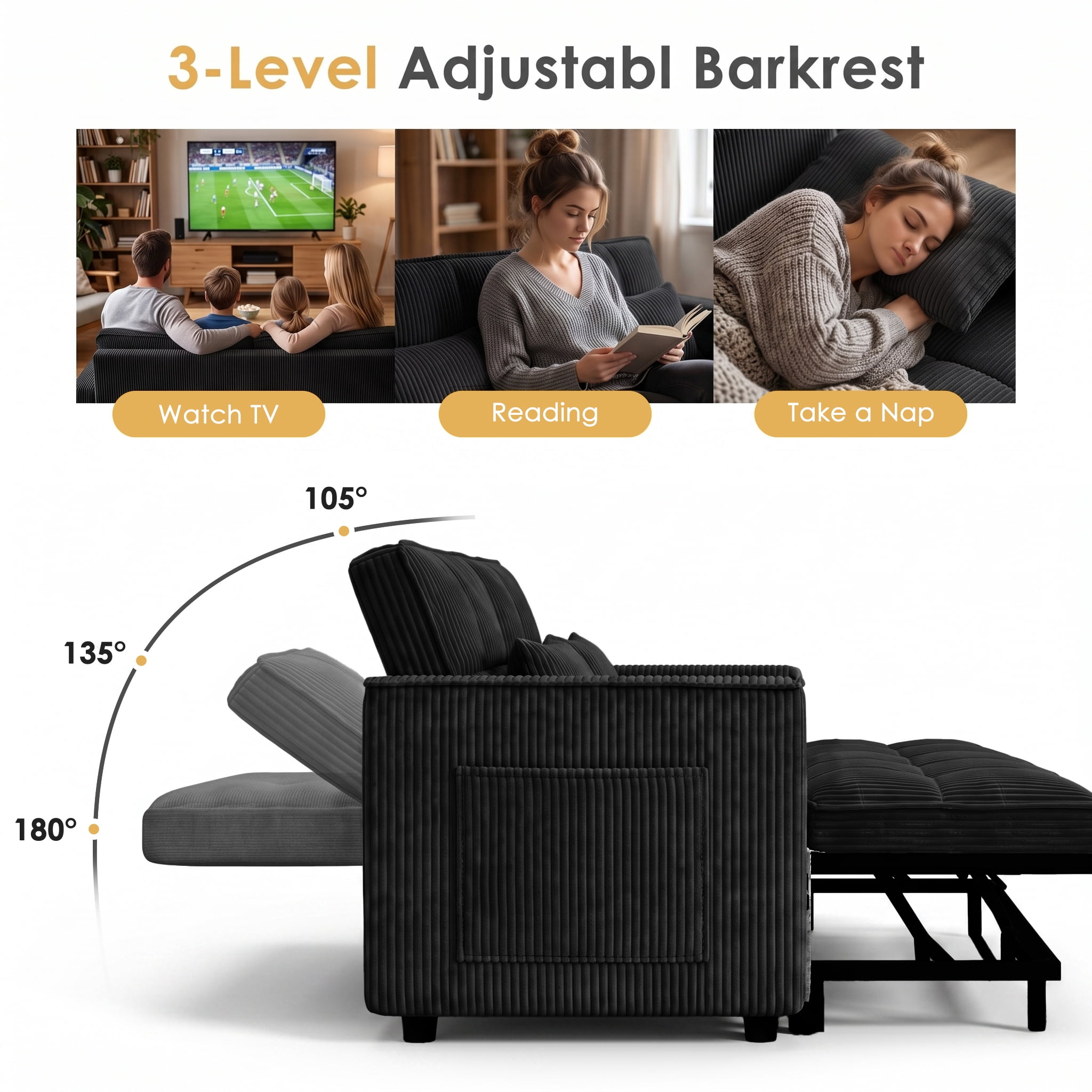 ShiKeyi 54" Corduroy Convertible Sofa Bed, 3 in 1 Pull Out Sleeper Sofa, Loveseat Couch with Storage Pocket, Black