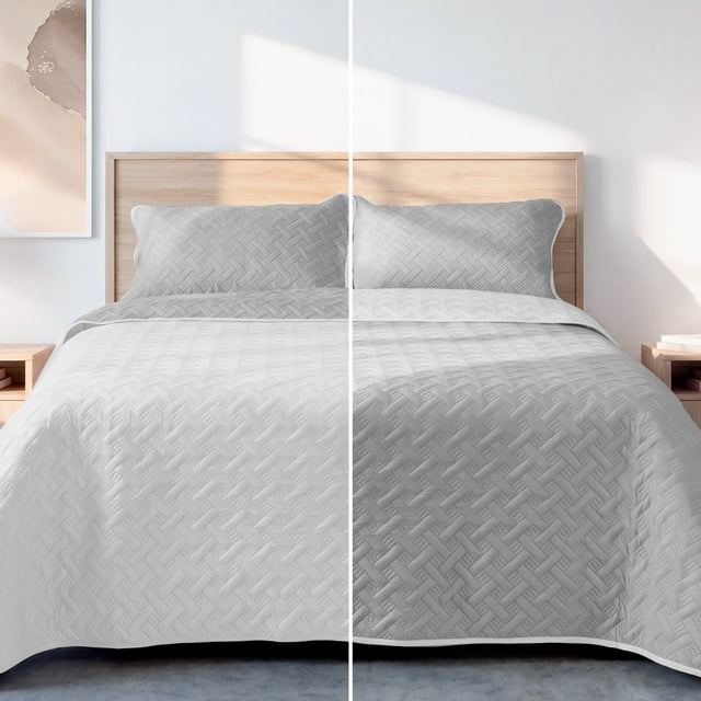Colcha Ligera Pinsonic Doble Vista Dreamlab con 2 Fundas de Almohada, Edrecolcha Capitonada Reversible Ultrasuave, Edredón de verano, King Size Tape, Gris y Blanco