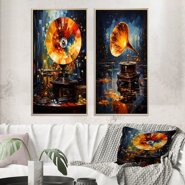 Designart "modern Phonograph Fusion II" Phonographes Art Mural Encadré Ensemble de 2 - Cadre de Mode Multicolore Ensemble de Galerie pour Décoration de Bureau