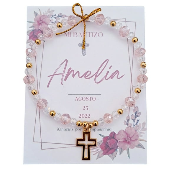 Pulsera Cristal Rosa Y dije de Cruz Chapa de Oro Recuerdo Con Tarjeta Personalizada Para Bautizo, Primera Comunión, Confirmación, Boda, xv Años,etc.Paquete 10 Piezas