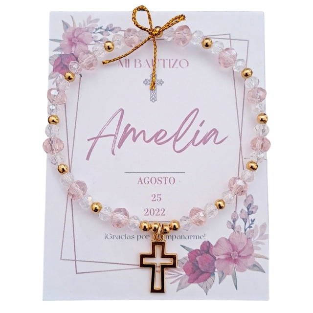 Pulsera Cristal Rosa Y dije de Cruz Chapa de Oro Recuerdo Con Tarjeta Personalizada Para Bautizo, Primera Comunión, Confirmación, Boda, xv Años,etc.Paquete 10 Piezas