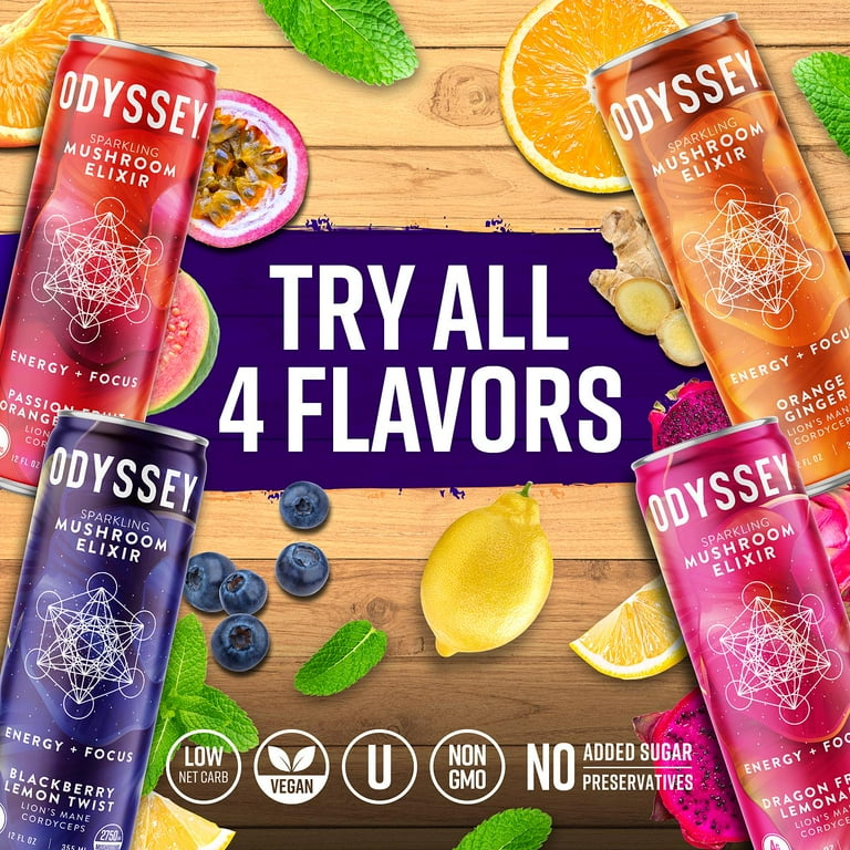 Odyssey Sparkling Mushroom Elixir, Energy and Focus Drink, 12 Cans