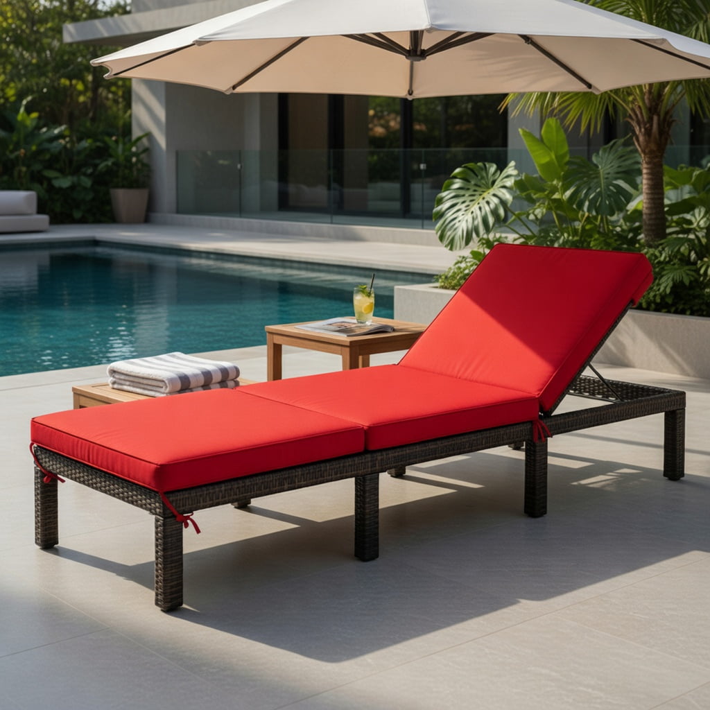 Hommoo Adjustable Outdoor Rattan Chaise Lounge Chair with Removable Cushion & PE Rattan, Perfect for Patio, Poolside & Garden, Red