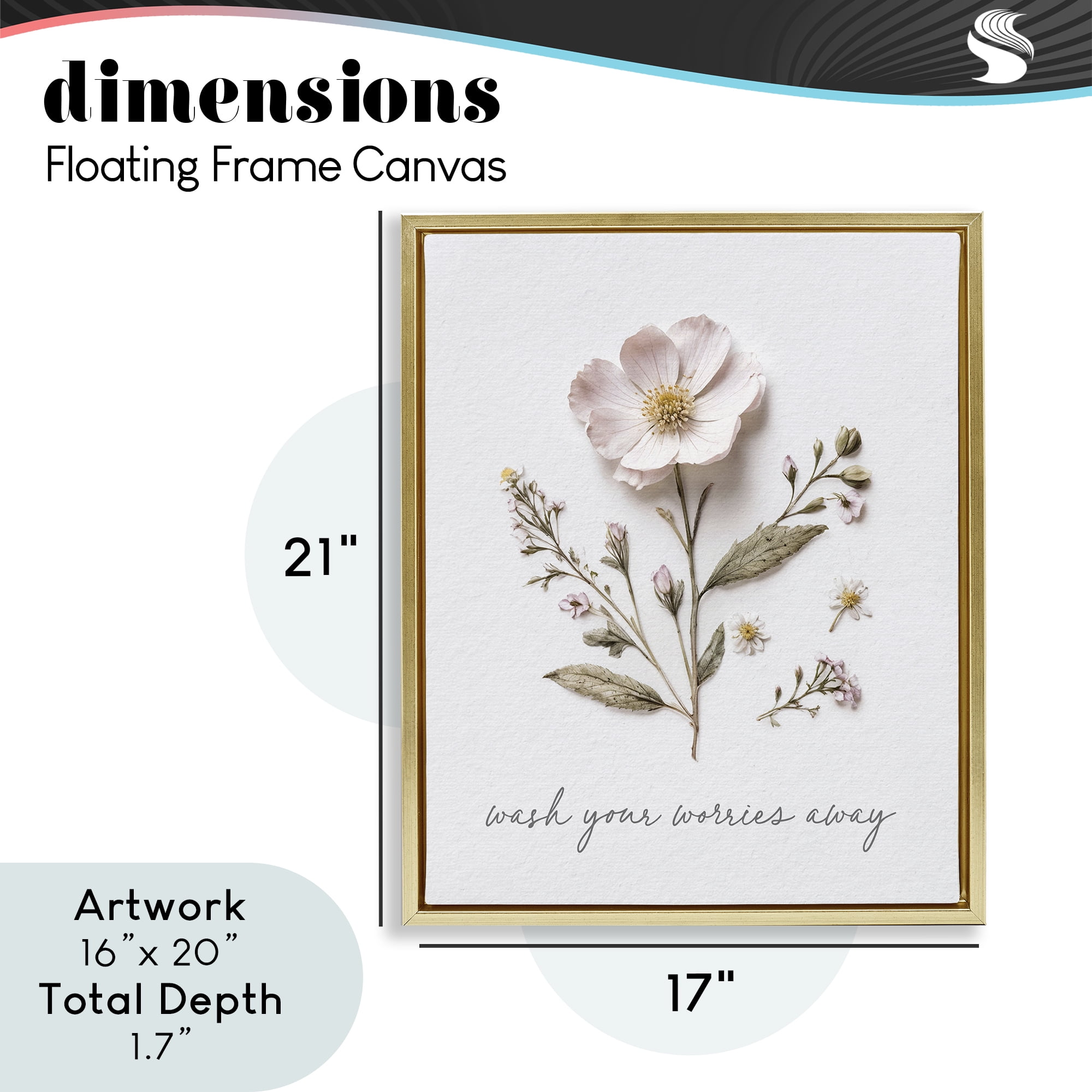 Pressed Flower Wash Worries Away Gold Framed Floater Canvas Wall Art, design by Lettered and Lined