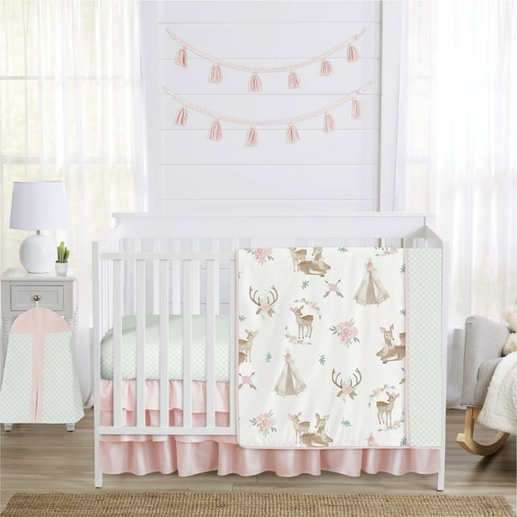 Sweet Jojo Designs Deer Floral Pink, Green, Tan and White 4 Piece Crib Bedding Set