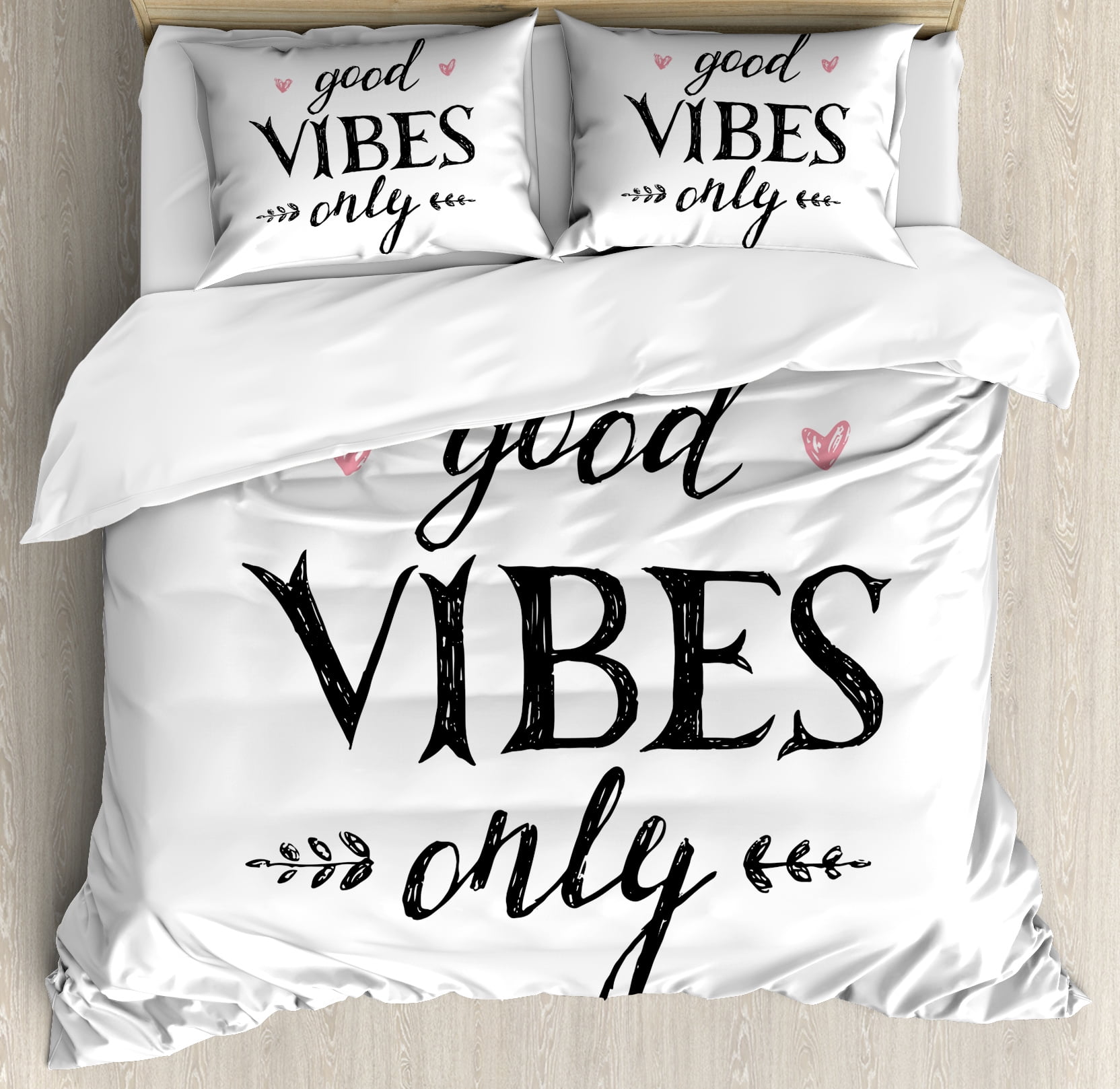 Good Vibes Queen Size Duvet Cover Set, Hand Drawn Lettering