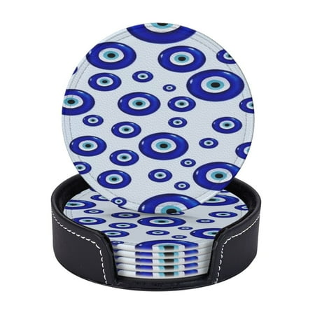 

Evil Eye Symbol Coasters With Leather Holder Set Of 6 Round Coasters for Home and Kitchen Decor