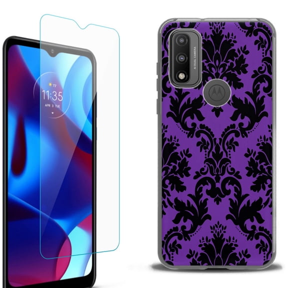 Slim-Fit Protective Phone Case (Black) compatible with Motorola Moto G Pure 5G, with Tempered Glass Screen Protector, by OneToughShield ® - Victorian Purple/Black