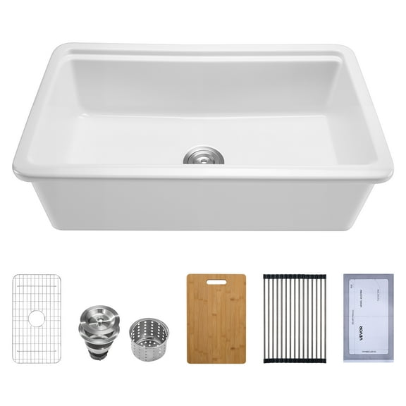 VEVOR 33x19 inch Farmhouse Sink, White Sink Workstation, Fireclay Topmount Undermount Basin,Drop-In Single Bowl Basin with Multiple Accessories,Large Capacity Household Dishwasher Sinks for Kitchen