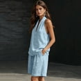 thumbnail image 6 of Qwertyu Linen Short Sets for Women 2 Piece Outfits V Neck Halter Tank Tops Knee Length Bermuda Shorts Beach Loungewear Set Light Blue S, 6 of 6