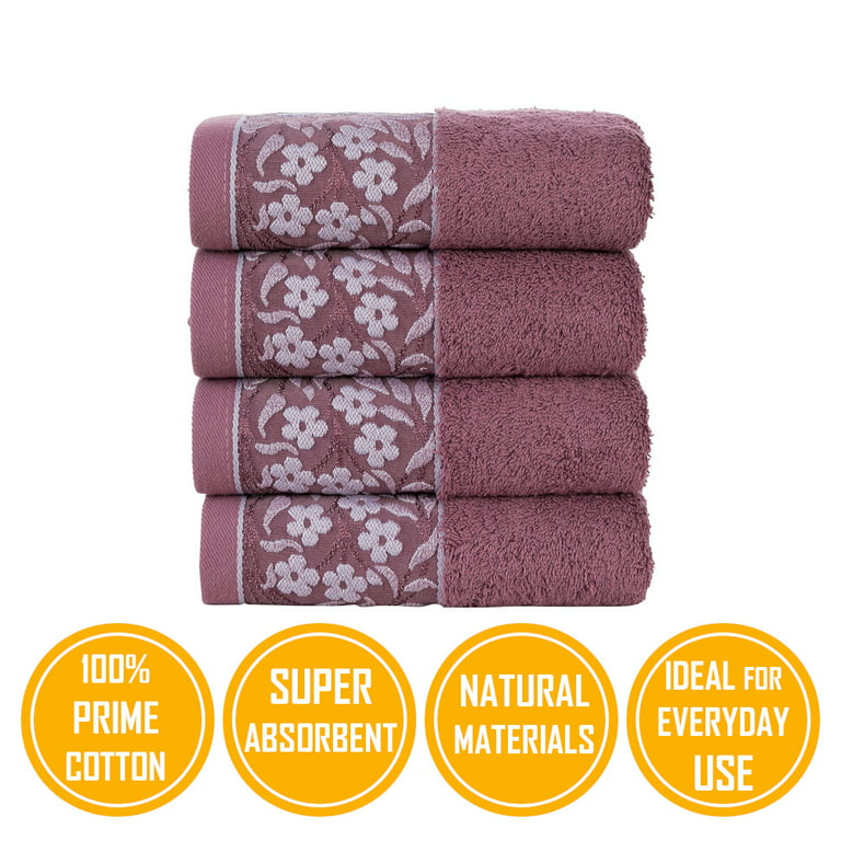 HALLEY Decorative Hand Towels Set, 4 Pack - Turkish Towel Set with Floral  Pattern, Highly Absorbent & Fade Resistant Fabric, 100% Cotton - Purple 