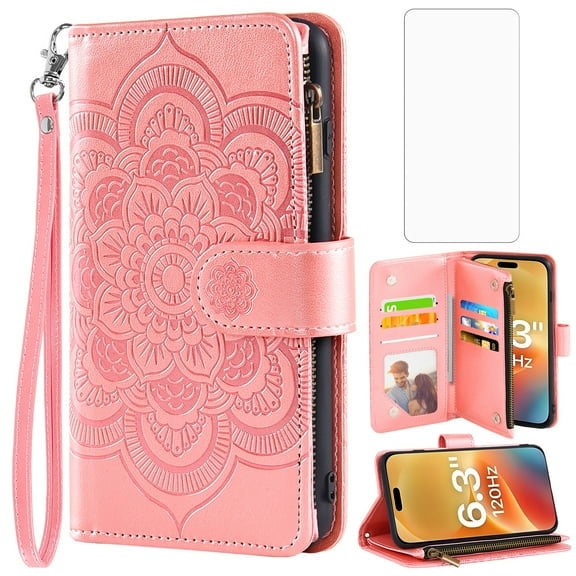 Asuwish Compatible with iPhone 17 6.3 inch Wallet Phone Case and Tempered Glass Screen Protector Flower Faux Leather Flip Credit Card Holder Stand Zipper Cell Cover for i Phone17 i7 17Case Women Pink