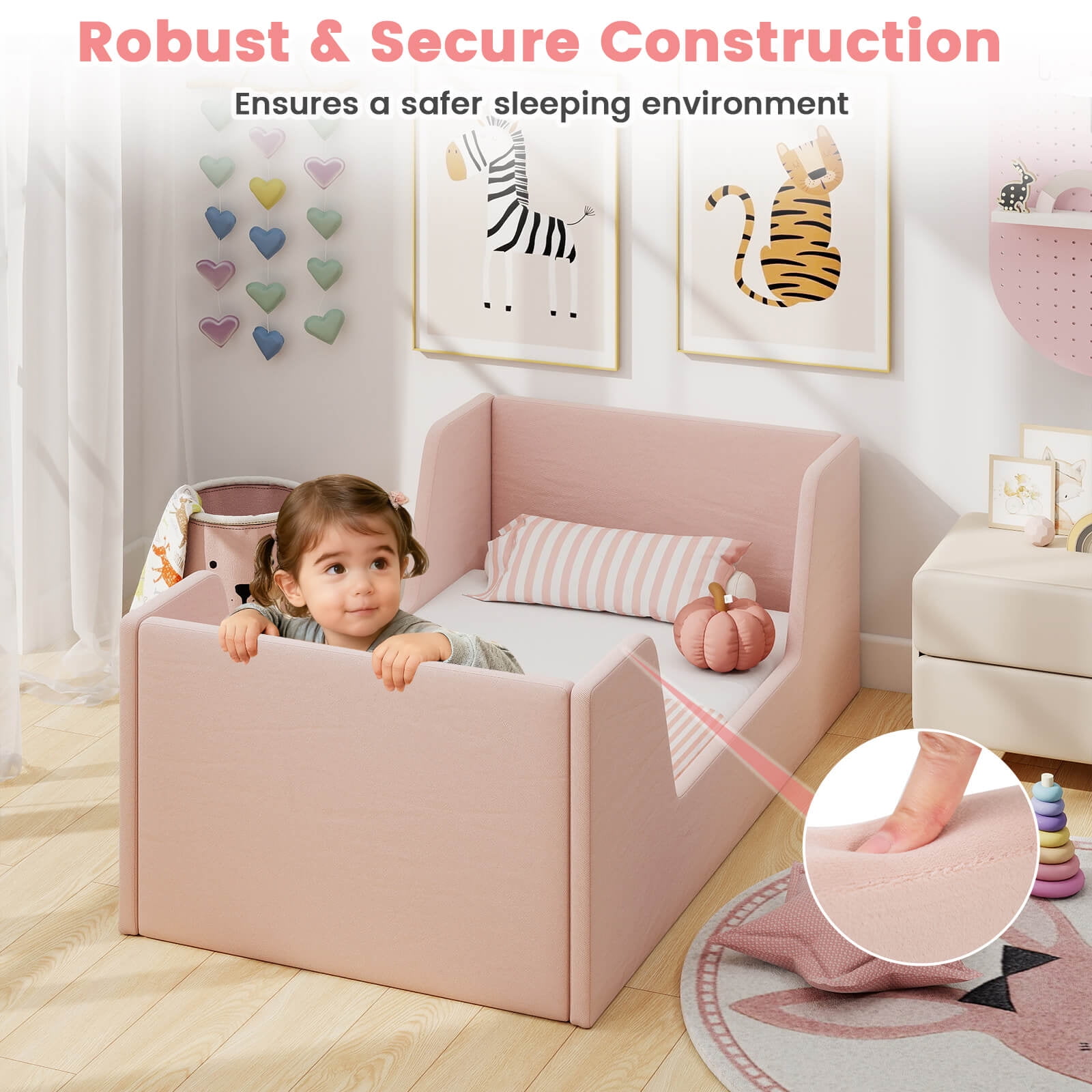 Costway Soft Velvet Fabric Upholstered Children Floor Bed with Safety Rails & Headboard Pink