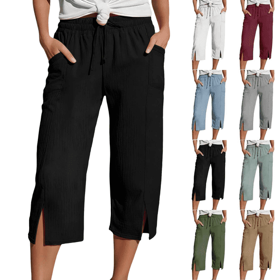 Womens Lounge Capri Pants Drawstring Elastic Waist Loose Capris Side Slit Lightweight Cotton Cropped Pants with Pockets,Sizes S-2XL