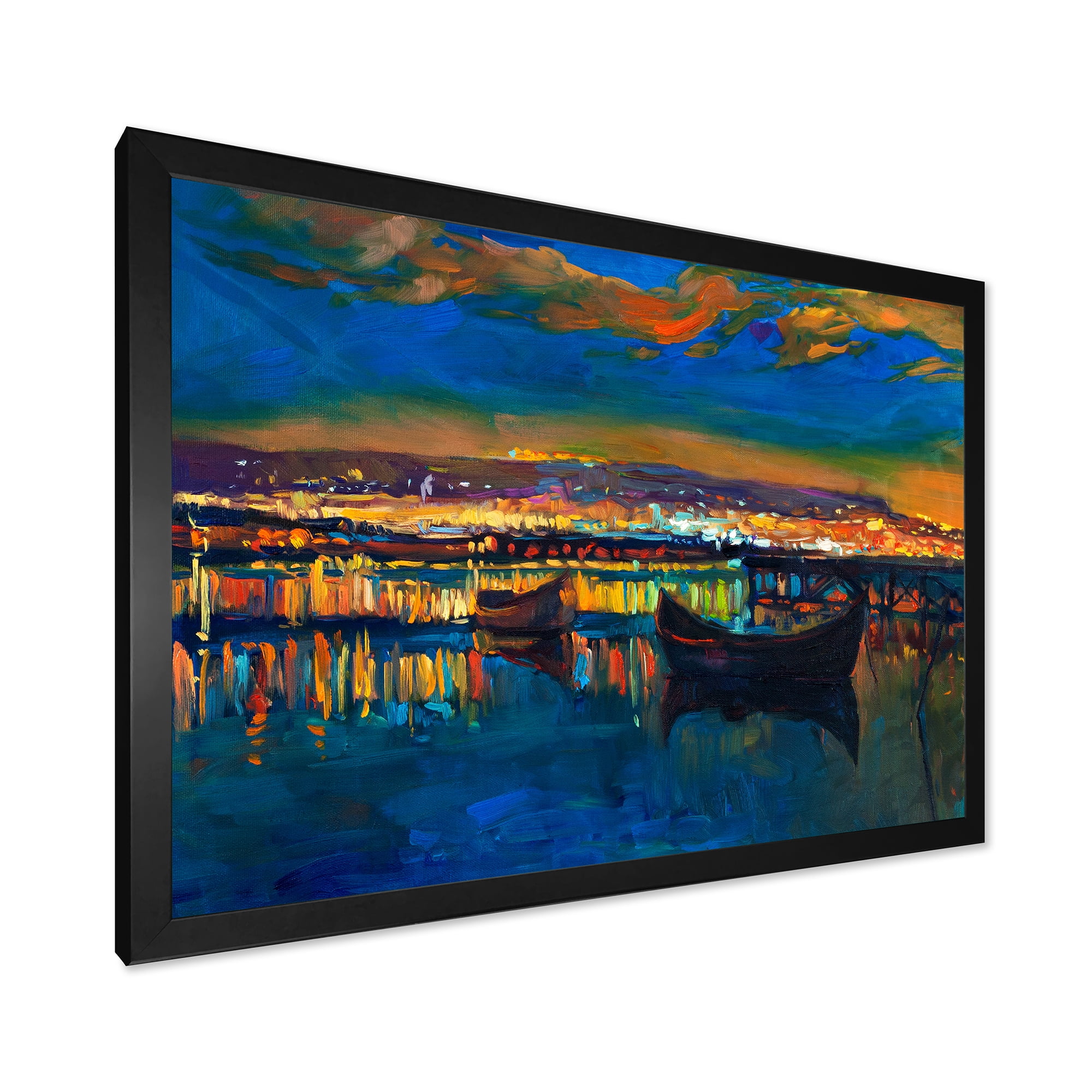 Designart 'Two Little Boats In The VIllage Harbor Ar Night' Nautical & Coastal Framed Art Print