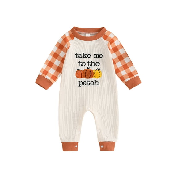 Miaouyo Baby Jumpsuit, Long Sleeve Crew Neck Letters Pumpkin Plaid Newborn Romper Halloween Baby Clothes for Girls Boys