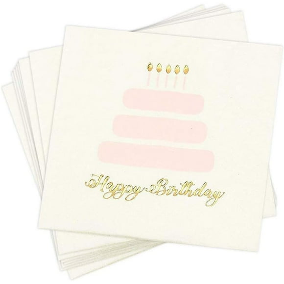 Serviettes de Cocktail pour Fête d'Anniversaire - Lot de 50 Serviettes en Papier Jetables en Feuille d'Or pour Joyeux Anniversaire, Parfaites pour les Décorations d'Anniversaire d'Enfants et les Fournitures de Fête, 5 x 5 Pouces Pliées, Rose et Blanc