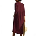 thumbnail image 4 of Women's Loose Fit Cotton Linen Midi Dress Round Neck Button Down 3/4 Sleeve Casual Vacation Outfit with Pockets Flowy Lightweight Party Wear Stylish Chic Solid Color Wine M, 4 of 4