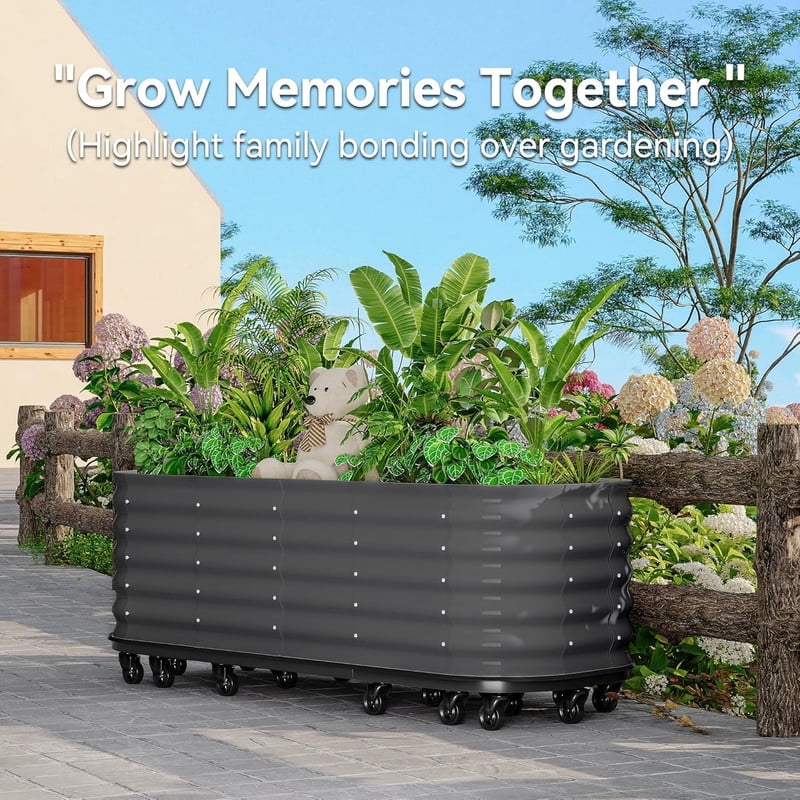 Towallmark Self Watering Wheeled Metal Garden Bed, Mobile Raised Planter Box with Lockable Wheels, Built in Water Storage Rolling Grow Station for Veggies, Indoor Outdoor Use, Gray