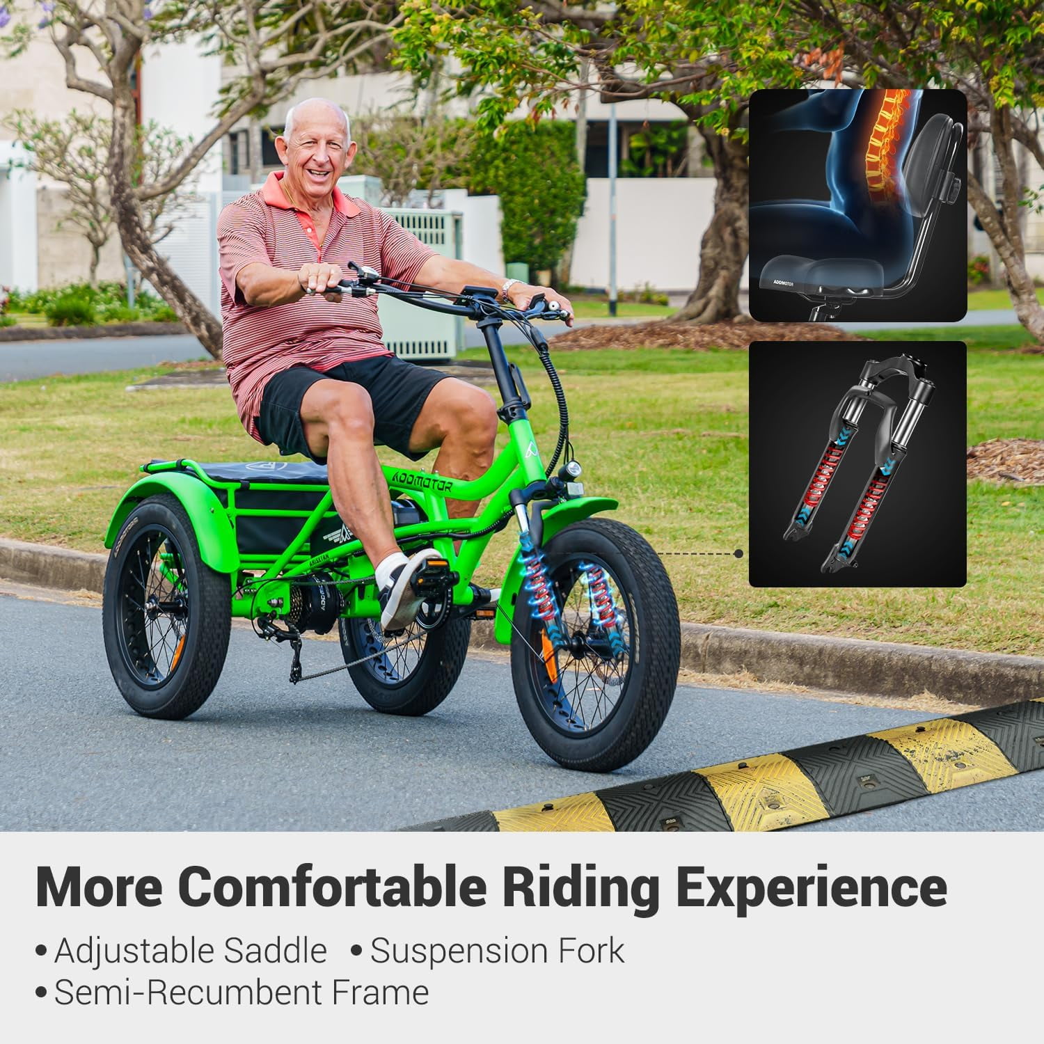 Addmotor M-360II Semi-Recumbent Electric Trike, 85MI, Fat Tire 3 Wheel Electric Bike for Adults, 750W 48V 20Ah Electric Tricycle for Seniors, 20" Electric Trike with Speed Differential, Green