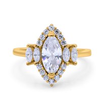Yellow Tone, Simulated Cubic Zirconia Size-9 Marquise Cut Halo Vintage Art Deco Wedding Engagement Bridal Ring 925 Sterling Silver