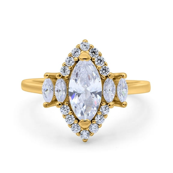Yellow Tone, Simulated Cubic Zirconia Size-6 Marquise Cut Halo Vintage Art Deco Wedding Engagement Bridal Ring 925 Sterling Silver