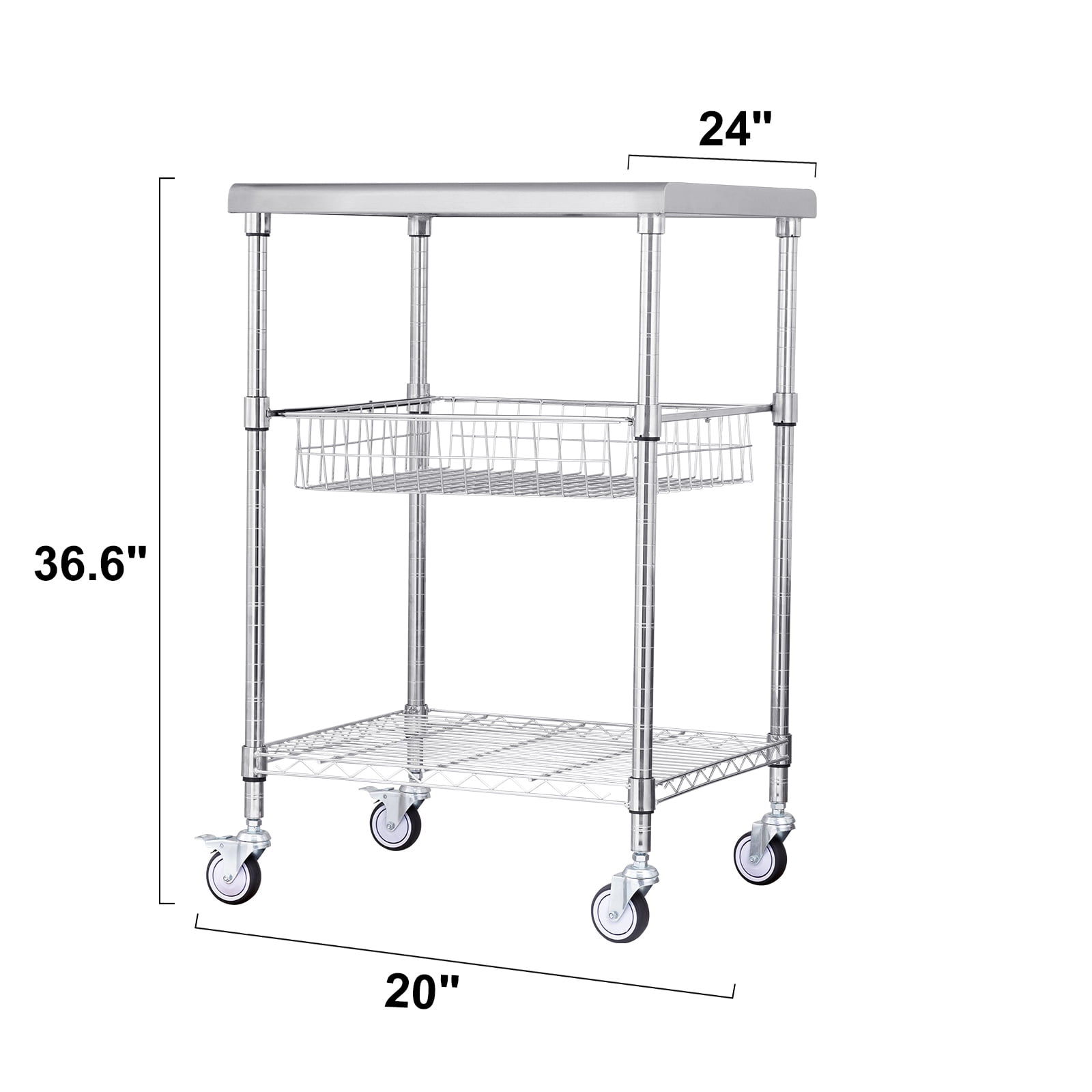 VEVOR Kitchen Utility Cart,3 Tiers, Wire Rolling Cart with 470LBS Capacity,Steel Service Cart on Wheels, Metal Storage Trolley with 76mm Basket Curved Handle PP Liner 6 Hooks, for Indoor and Outdoor