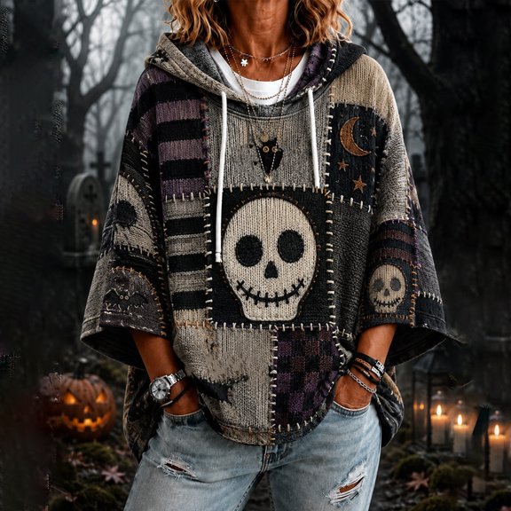 Halloween Oversized Hoodies for Women 3/4 Sleeve Vintage Graphic Hooded Sweatshirts 2026 Gothic Spooky Funny Batwing Hoodies, 3XL