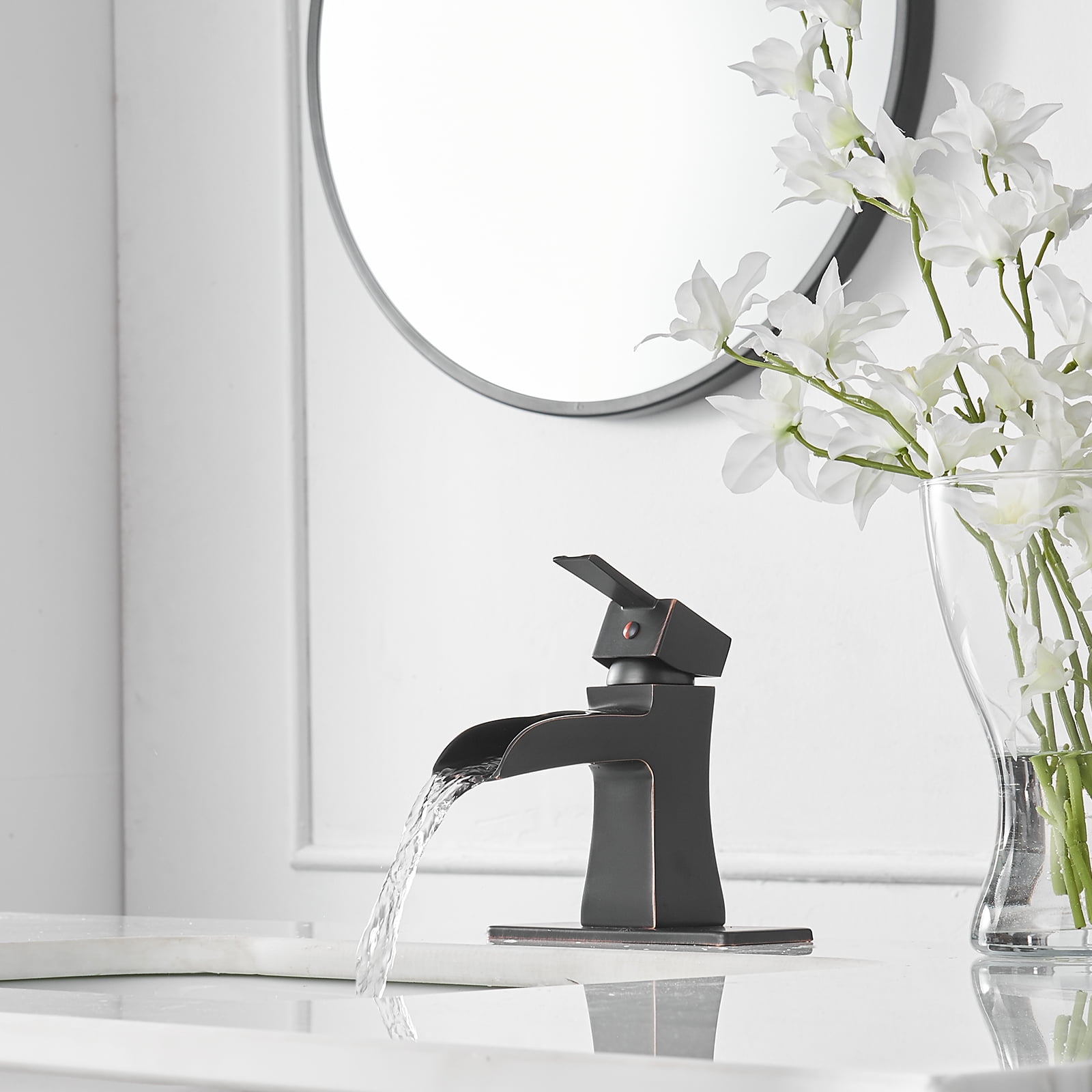 BWE Oil Rubbed Bronze Bathroom Faucet with Pop Up Drain Stopper Overflow Assembly and Supply Hose Bath Waterfall Single Hole Handle Farmhouse Bathroom Sink Faucet Lavatory Mixer Tap