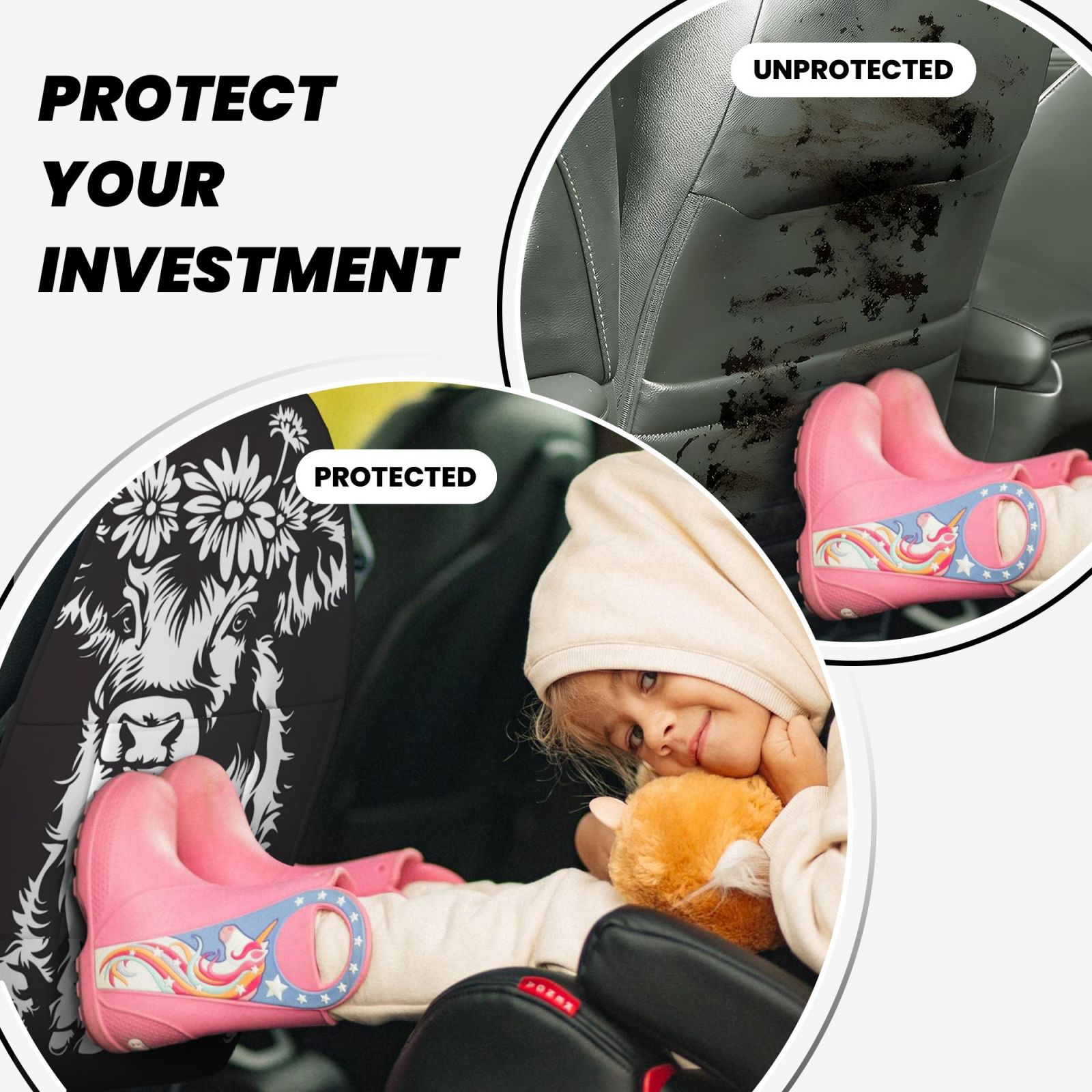 Xecao Floral Cow Silhouette Pattern Car Seat Back Protector 2 Pack Large Capacity Pocket, Kick Mats Back Seat Protector