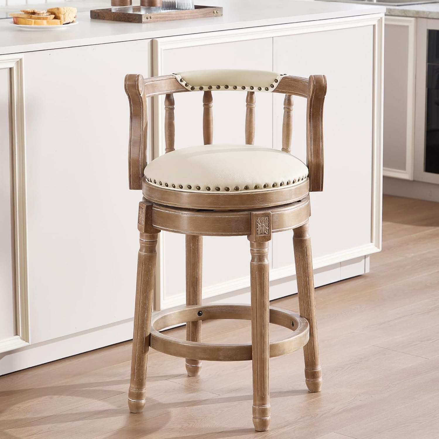 Aulife Bar Stools Genuine Leather Counter Height barstool Wooden Swivel kitchen Stool with Footrest for Kitchen Dining Room