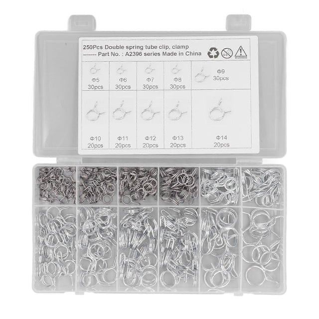 250PCS Double Wire Irrigation Hose Clamp Blue White Zinc Corrosion Resistance Hose Tube Spring Clips with Storage Box