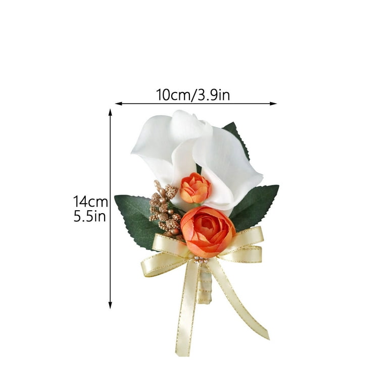 White Calla Lily Rose Gold Ribbon Bow Boutonniere, Silk Flower