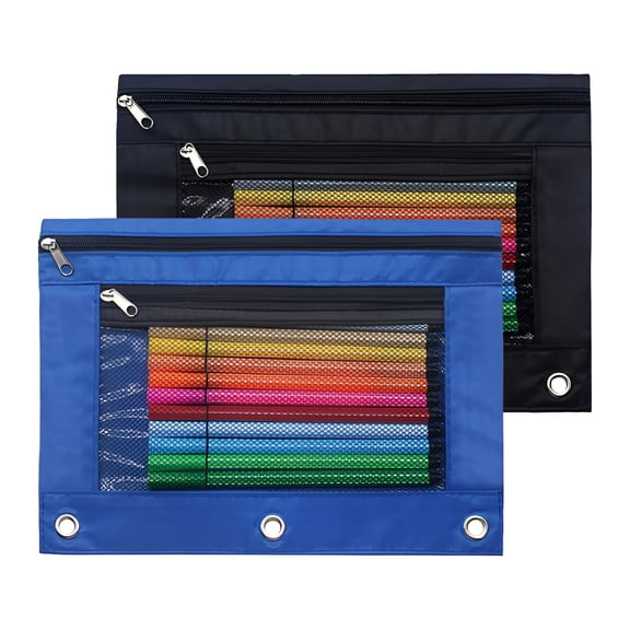 CCOCC 2026 New Pencil Pouch 3 Ring Binder Pouch Zippered Pencil Case Canvas Pencil Bag with 2 Compartments (Black and Blue,Set of 2)