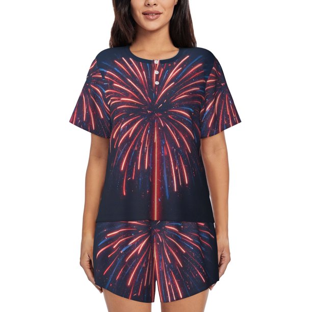 Fotbe Fireworks3 Conjunto de Pijama Estampado para Mujer, 2 Piezas, Ropa de Dormir con Camiseta de Manga Corta y Shorts Suaves-Medium