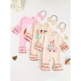 thumbnail image 4 of Toddler Baby Girl Easter Outfit Bunny/Letter Embroidery Ruffled Long Sleeve Crewneck Jumpsuit Romper with Bow Headband Set, 4 of 8