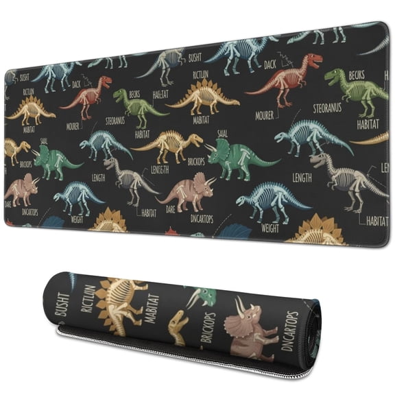 Long Mouse Pads for Desk,Black Cartoon Dinosaurs Infos Pattern Desk Mats on Top Of Desks, Desk Mouse Pad Extra Large with 3mm Non-Slip Base and Stitched Edge for Gaming,Office,Work,Home 31.5"x11.8"