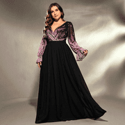 AURA Womens Plus Size V Neck Evening Dress Long Sleeve A Line Maxi Party Birthday Formal Gown