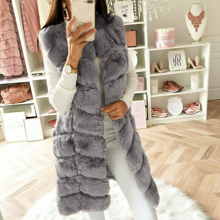 Shiusina Women's Wool Vest Faux Fur Vest Stand Collar Faux Fur Coat Vest  Jacket L White + L 