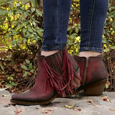 

Womens Boots Shoes Pointed Winter Autumn Heel Fringed Style Zipper Toe Thick Boots Boots Ankle Side Women s Women s Boots Red 8.5 Boots for Women