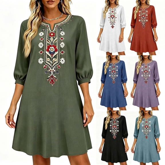 Women's Casual Dresses Boho Floral Embroidered Notch V Neck 3/4 Sleeve Loose Mini Dress for Loungewear Vacation Daily Wear