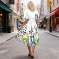 thumbnail image 5 of Summer Dresses for Women Casual Deep V Neck Puff Short Sleeve Smocked Floral Printed Pleated Flowy Beach Vacation Dress, 5 of 7