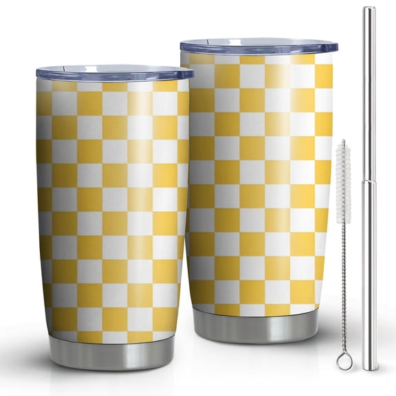 20oz Tumblers Yellow White Checkerboard Checkered Pattern Stainless Steel Vacuum Insulated Double Wall Travel Tumbler Cups Mug with Lid and Straw,Cleaning Brush for Cold & Hot Drinks