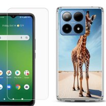 For Boost Mobile Summit 5G Shockproof Phone Case Cover with Tempered Glass Screen Protector, by OneToughShield - Giraffe