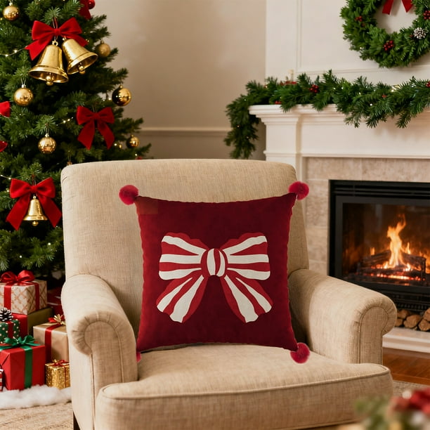 Cojín decorativo con lazo rojo | Cojín cuadrado de 45 x 45 cm con funda extraíble para sofá, cama o silla de oficina | Cojín decorativo para sala de estar, dormitorio o residencia universitaria