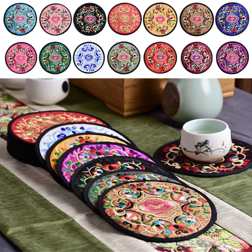 10Pcs Table Mats Coaster Chinese Style Cloth Embroidery Coasters Heat Insulation