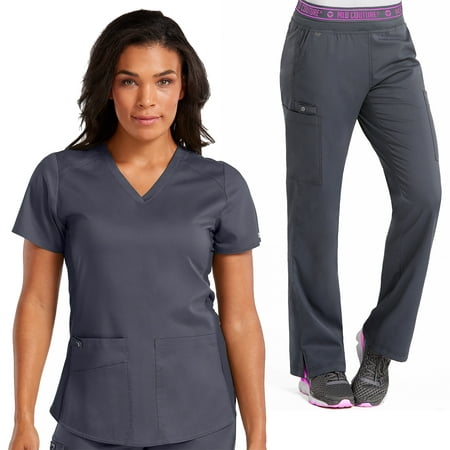 

Med Couture NEW TOUCH Women s V-Neck Shirttail Scrub Top & Yoga 2 Cargo Pocket Scrub Pant Set [XS - 3XL]