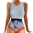 thumbnail image 1 of Traje de baño de una pieza sin espalda a rayas con cuello redondo para mujer, 1 of 5